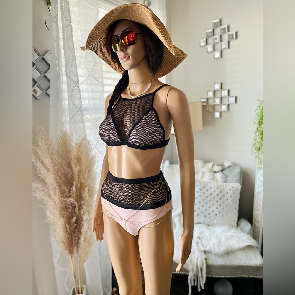 Black And Pink Mesh Overlay High Waisted Bikini Set Medium